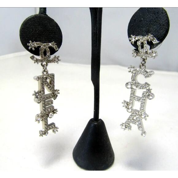 Chanel 23P Pendant Silver Crystal CC Logo Letter Dangle Drop Earrings - Picture 4 of 6